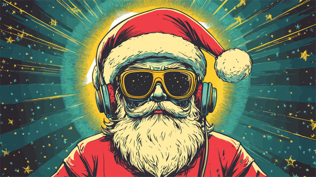 vector santa claus in headphones and sunglasses at a rave with rays in the background .Generative AI