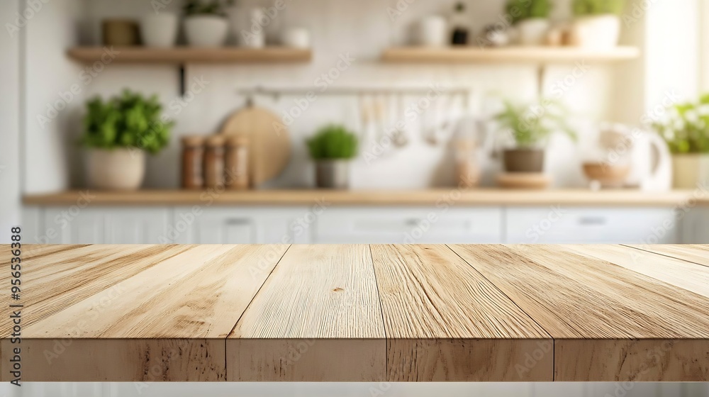 Poster kitchen table background wood counter top on blur of white clean abstract home interior with bokeh u