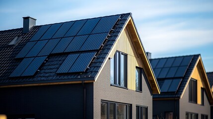 Fototapeta premium Newly built houses with black solar panels on the roof against a sunny sky Close up of new building with black solar panels Zonnepanelen Zonne energie Translation Solar panel Sun Energ : Generative AI