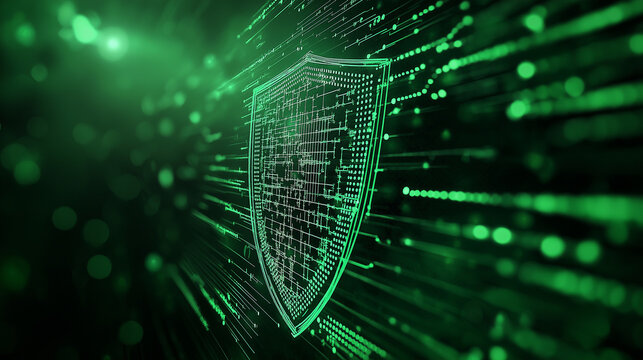 A dynamic digital shield surrounded by swirling green light, symbolizing the continuous safeguarding of information in a secure online environment. Copy space available for text.