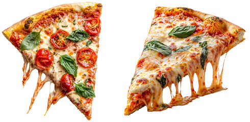 Close-up bundle of two slices of Margherita pizza with melted cheese, fresh basil, and cherry tomatoes on a transparent background, ideal for food photography, menus, and culinary design projects