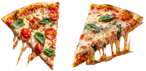 Close-up bundle of two slices of Margherita pizza with melted cheese, fresh basil, and cherry tomatoes on a transparent background, ideal for food photography, menus, and culinary design projects