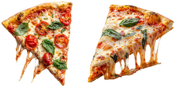 Close-up bundle of two slices of Margherita pizza with melted cheese, fresh basil, and cherry tomatoes on a transparent background, ideal for food photography, menus, and culinary design projects