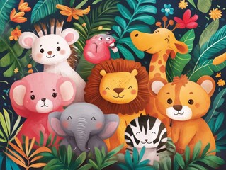 Naklejka premium Cute Jungle Animals Illustration