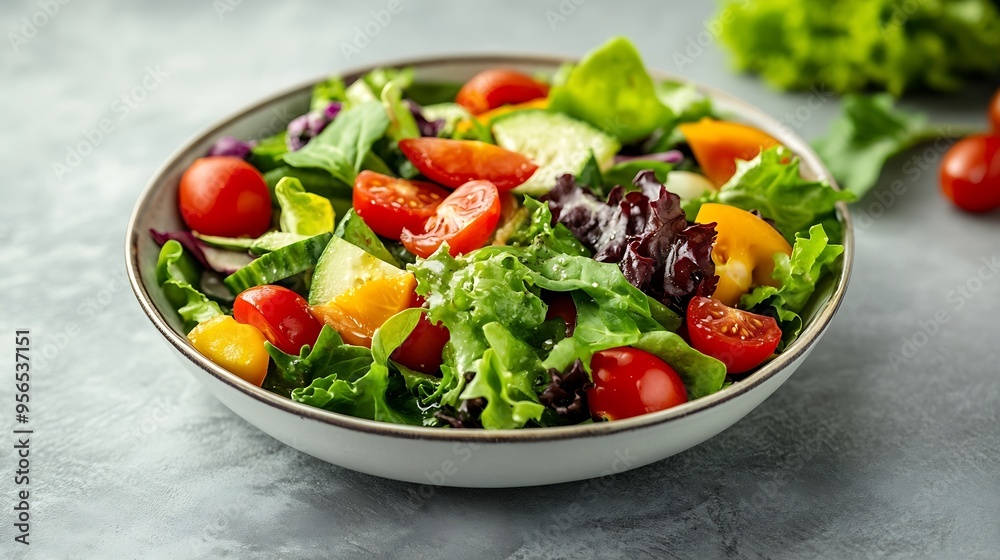 Poster delicious vegetable salad on light grey table top view : generative ai