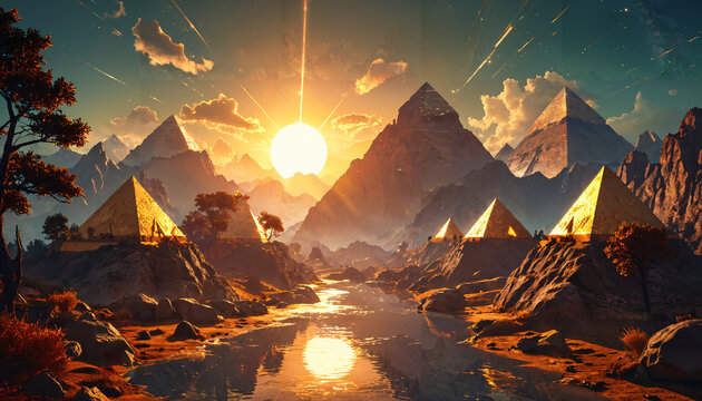 Coucher de soleil dor&eacute; sur des pyramides myst&eacute;rieuses