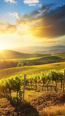Fototapeta premium Sunset over a vineyard with rolling hills in the background.