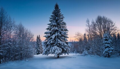 Fototapeta premium Snow-Covered Forest Tree A tall, majestic Christmas tree standing alone in a snow-covered forest at dusk.