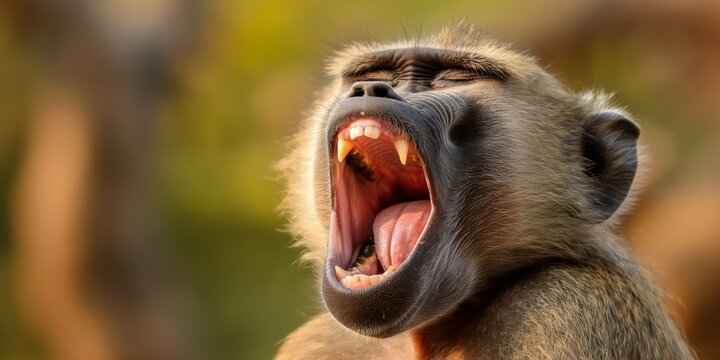 A detailed and expressive close-up of a yawning monkey, caught in a moment of boredom or fatigue, with a beautifully blurred background, capturing raw emotion.