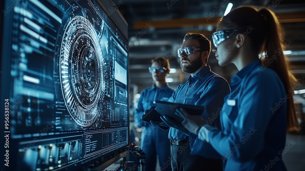 Leinwandbilder International Aerospace Research and Manufacturing Company Working on Turbine Jet Engine Engineer Having a Meeting with a Group of Multiethnic Scientists in a Room with Big Digital Scr : Generative AI