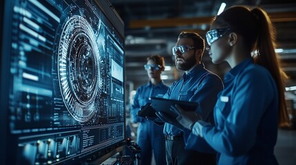 International Aerospace Research and Manufacturing Company Working on Turbine Jet Engine Engineer Having a Meeting with a Group of Multiethnic Scientists in a Room with Big Digital Scr : Generative AI