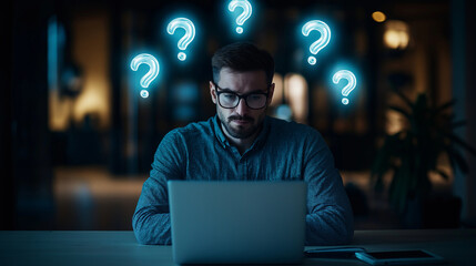 A man in a minimalist workspace types on a laptop, while translucent question marks hover above the keyboard, representing design dilemmas.