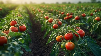 Tomato plantation in stripes irrigated by drop aerial view flyover : Generative AI