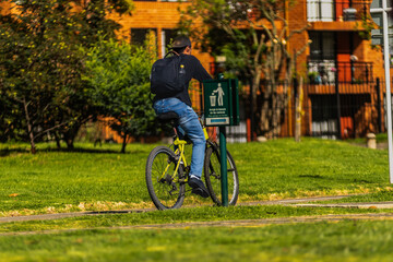 Man on a sports bike on the bike path cycling in the park on a sunny day