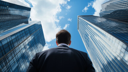 A businessman in a sharp suit gazes up at towering skyscrapers under a crisp blue sky, representing the heights of corporate achievement.