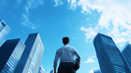 A businessman with a briefcase stands in front of a skyline filled with modern skyscrapers, the blue sky above him symbolizing clear vision and direction.