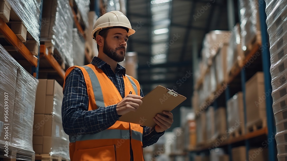 Poster engineer man wearing safety helmet and vest holding clipboard and take note on the paper in the auto