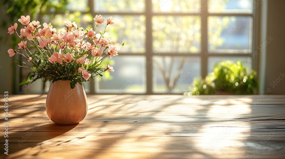 Poster table background of free space and kitchen interiorwhite wall with shadows and sunny warm morning ti
