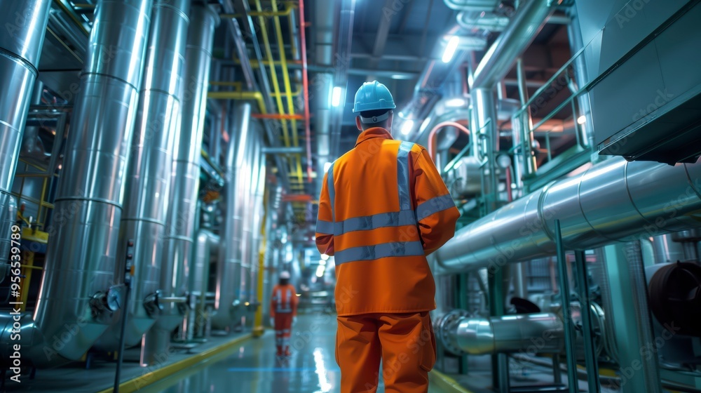 Wall mural Industrial engineer inspecting factory pipe system while wearing hardhat and safety vest