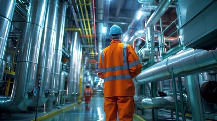 Fototapeta premium Industrial engineer inspecting factory pipe system while wearing hardhat and safety vest