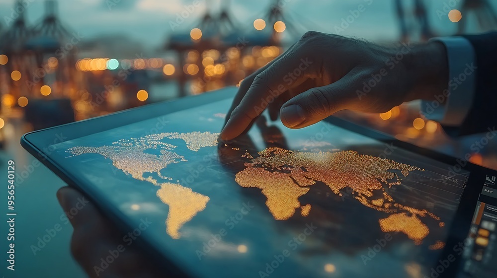 Poster Businessman touching tablet for analyze stock at logistics port and world map with Delivery network distribution on background transportation trading business concept : Generative AI