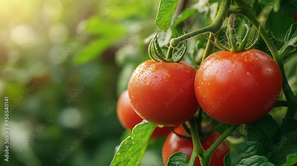 Poster ripe red tomatoes are on the green foliage background hanging on the vine of a tomato tree in the ga