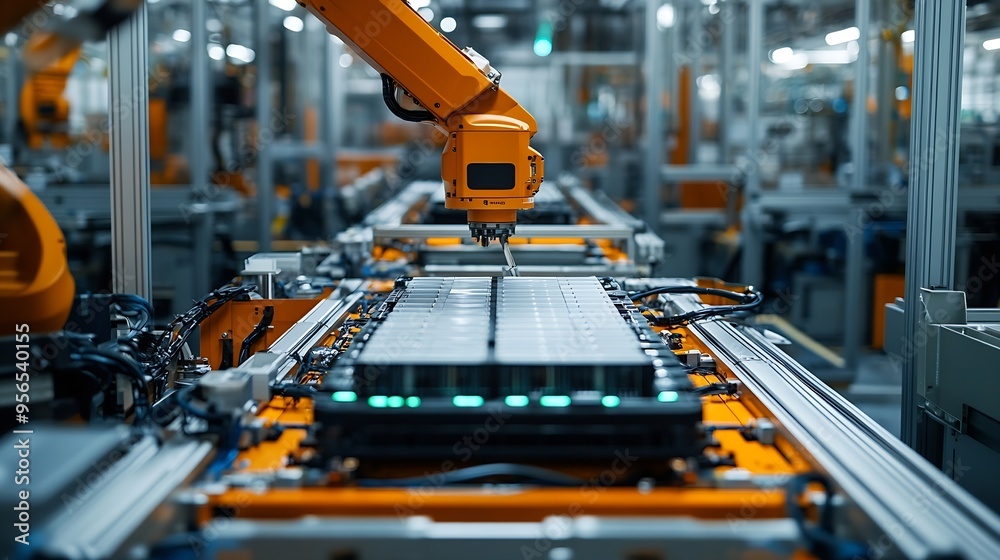 Aufkleber front view electric car battery manufacturing line industrial robot arms assemble lithiumion ev batt