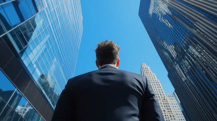A businessman stands on a busy city street, with towering skyscrapers reaching into the blue sky, representing the hustle and bustle of corporate life.