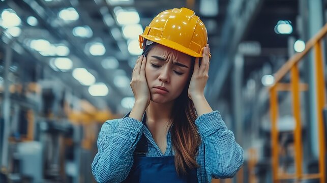 tired female worker feeling sick after stressed work in manufacturing factory exhausted woman technician has problem working overload male foreman support consoling and encorage at met : Generative AI
