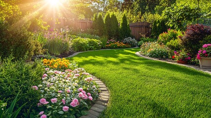 Fototapeta premium A well-kept lawn with lush green grass and colorful flowers in a home garden.