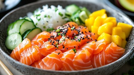 Hawaiian and Japanese food served on a ceramic plate in a restaurant Raw salmon cucumber rice nori mango chopsticks excellent for lunch or dinner light tasty fresh food the famous poke : Generative AI