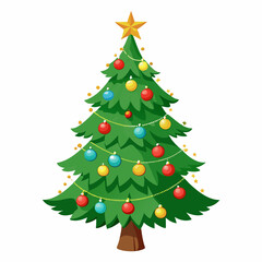 Christmas tree vector illustration, New Year Xmas tree icon on white background, decorated with light