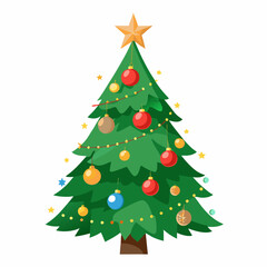 Christmas tree vector illustration, New Year Xmas tree icon on white background, decorated with light