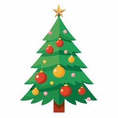 Christmas tree vector illustration, New Year Xmas tree icon on white background, decorated with light