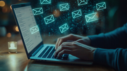 A person sitting at a wooden desk, typing on a laptop with an email interface on the screen, while multiple digital envelopes float above, the cozy home setting blurred in the back