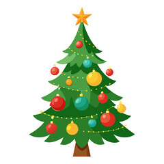 Christmas tree vector illustration, New Year Xmas tree icon on white background, decorated with light