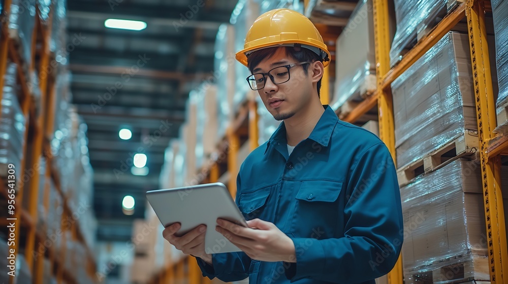 Poster Men tablet and inspection for stock in warehouse with teamwork inventory check and logistics business Quality assurance tech and team discussion in factory for export industry and ecom : Generative AI