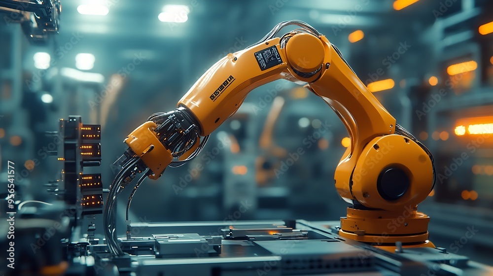 Poster Engineer working machine assembly in advance technology robotic factory industry Service maintenance robot arm cable part : Generative AI
