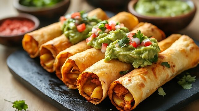 Traditional mexican fried potato tacos called flautas with guacamole and cheese : Generative AI