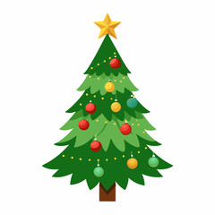 Christmas tree vector illustration, New Year Xmas tree icon on white background, decorated with light