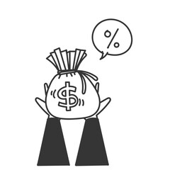 hand drawn doodle hand holding money bag with percent sign