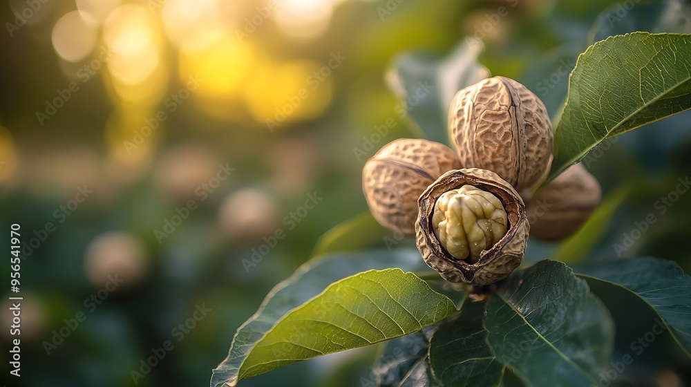 Poster Walnut tree with big nuts in green shell close up harvesting time : Generative AI