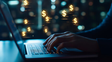 A business professional intently typing on a sleek laptop with golden dollar sign icons floating around, symbolizing online transactions, in a modern office with a blurred cityscap
