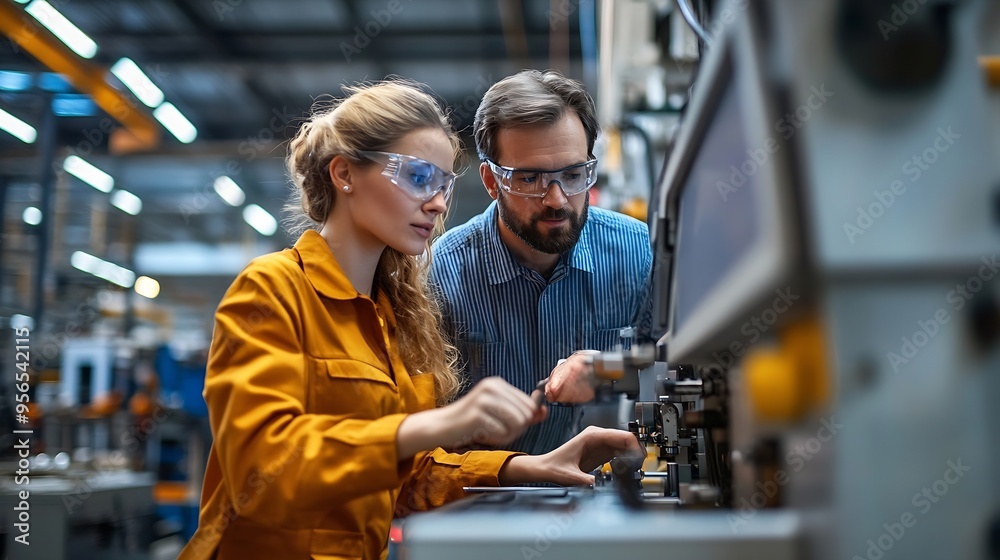 Poster factory apprenticeship man mentor teaching female employees trainee operating machine looking monito