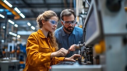 Factory apprenticeship Man mentor teaching Female employees trainee operating machine looking monitors and check Production process machinery foreman explaining woman engineer control  : Generative AI