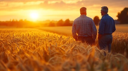 Fototapeta premium work two farmers field golden wheat sunset dialogue two farmers engineer deal sunset professional successful people discussing business selling wheat grown crops field summer ear wheat : Generative AI