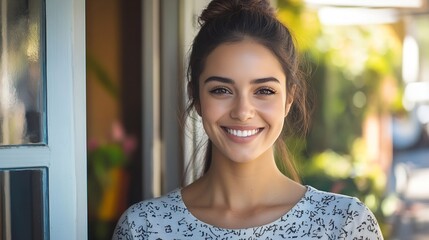 Smiling woman opening house doors : Generative AI