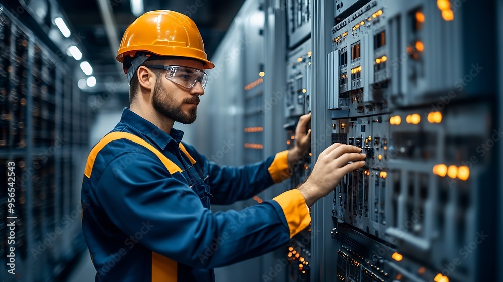 Poster professional electrical engineer in safety uniform working at factory server electric control panel 