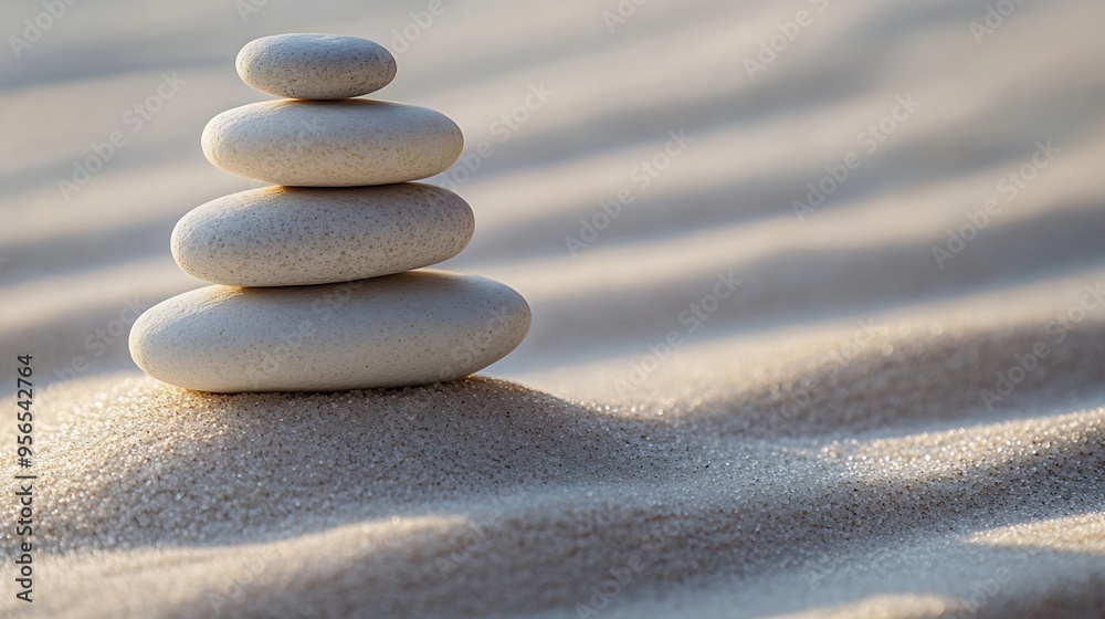 Poster zen garden with the stones and white sand pattern minimal scene stack of balanced pebbles zen pebble