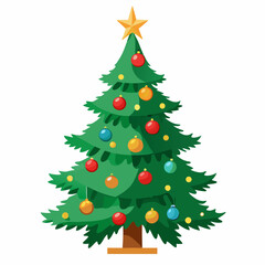 Christmas tree vector illustration, New Year Xmas tree icon on white background, decorated with light